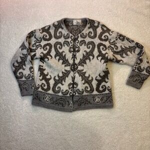 Express Tricot Cardigan Women M Grey White Mohair Wool Blend Vintage Scroll Good